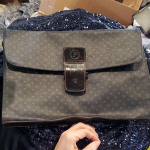 Huge Vintage Elegant Black Leather Clutch or Briefcase Bag with F Letter Pattern